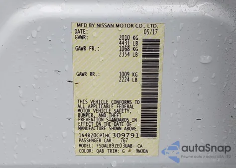 2017 Nissan Leaf S z USA, uszkodzony, nr VIN 1N4BZ0CP1HC309791
